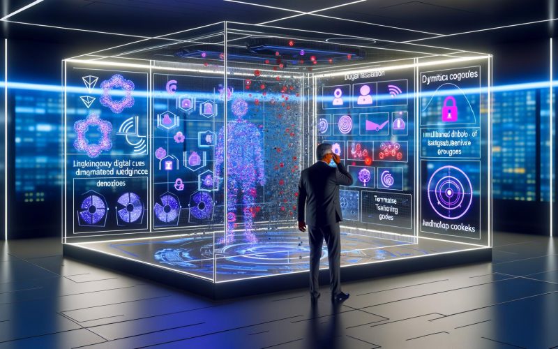 Futuristischer digitaler Kontrollraum mit KI-Interface, holographischen Dashboards, Marketer und Datenschutzsymbolen