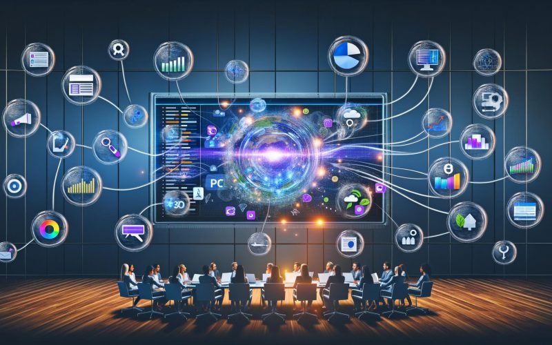 Illustration eines modernen Online-Marketing-Workflows mit zentralem Dashboard, vernetzten Datenquellen und einem fokussierten Marketing-Team im digitalen Umfeld