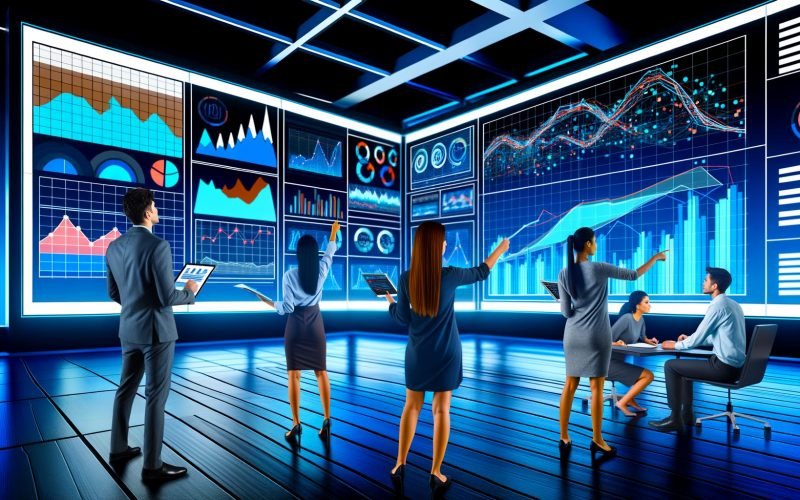 Moderne Marketer und Analysten analysieren diverse Daten und Diagramme auf großen digitalen Displays in einem fortschrittlichen, blau erleuchteten Büro.