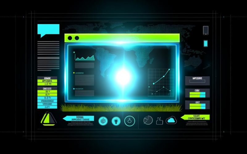 Moderne Illustration eines digitalen Dashboards im dunklen Design mit leuchtender Tabelle und Daten wie Domain-URL, Impressions, Klicks, Kosten, Viewability und Conversion-Rate. Im Hintergrund Weltkarten, Heatmaps, Geräte-Icons und Warnsymbol für Ad Fraud.