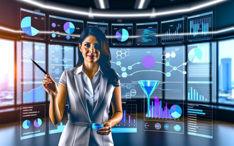 Marketingexperte analysiert Einnahmeströme an digitalen Dashboards mit bunten Analytikdiagrammen, Code-Snippets und Echtzeit-Daten in einem modernen Büro.