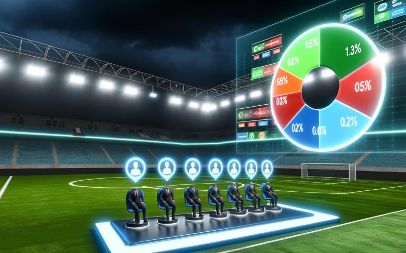 Fußballfeld bei Nacht mit digitalen Avataren im Business-Look, hervorgehobenen Spielführern, Ersatzbank, Kuchendiagramm zum Marktanteil und leuchtenden Markenlogos im Hintergrund.