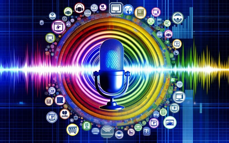 Stilisiertes Mikrofon-Lautsprecher, von bunten Schallwellen umgeben, die zu Icons von Google, Social Media, TV und Online-Ads abstrahlen. Im Hintergrund verblassen Konkurrenzmarken unter den kräftigen und digitalen Wellen.