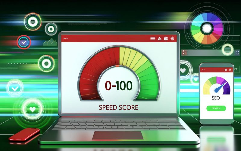Visualisierung eines Speed Score-Gauges im modernen Dashboard mit Website auf Laptop und Smartphone, Core Web Vitals-Grafiken und SEO-Icons im Hintergrund.