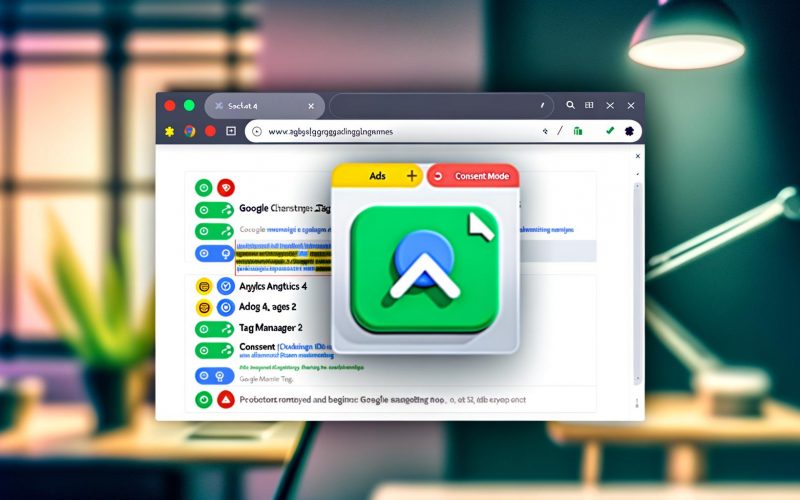 Chrome-Browser mit Tag Assistant-Overlay, das verschiedene Google-Tags und deren Status zeigt. Buntes Tag Assistant-Icon grün hervorgehoben, im Hintergrund eine Marketing-Webseite.