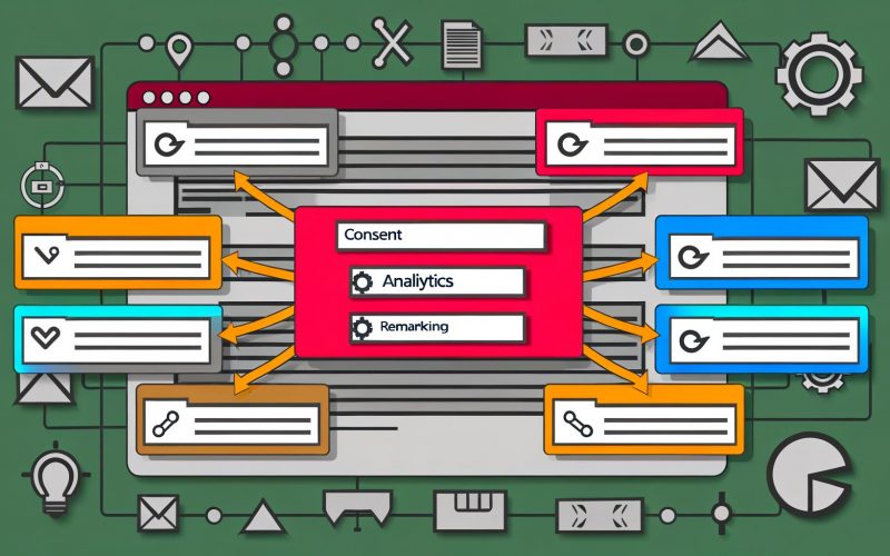 Modernes, stilisiertes Flat-Design-Dashboard mit farbigen Tracking-Tags wie Consent, Analytics, Conversion und Remarketing, verbunden durch Pfeile und mit Elementen eines Tag-Management-Systems im Hintergrund.