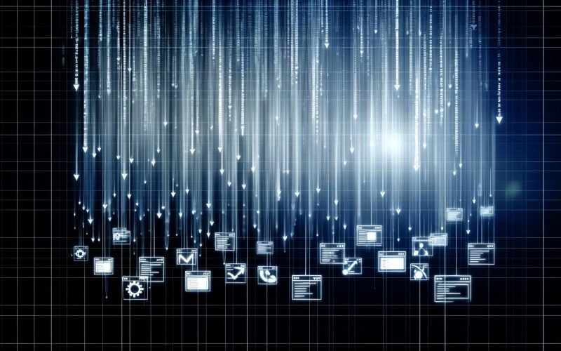 Abstrakte digitale Darstellung von JavaScript-Code, der in ein leuchtendes Netzwerk übergeht, umgeben von Silhouetten von Browsern, Geräten und Datencharts.