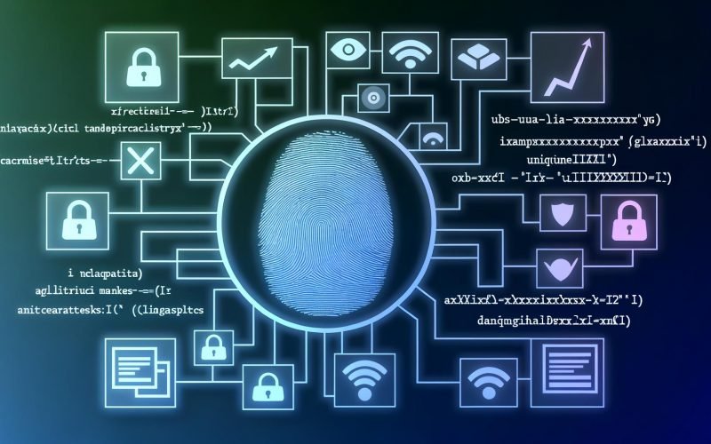 Illustration eines digitalen Fingerabdrucks über Codes, Tracking-IDs und Pfeilen, die Webseiten, Apps und Analysetools verbinden, Symbol für Webanalytik und Datenschutz.