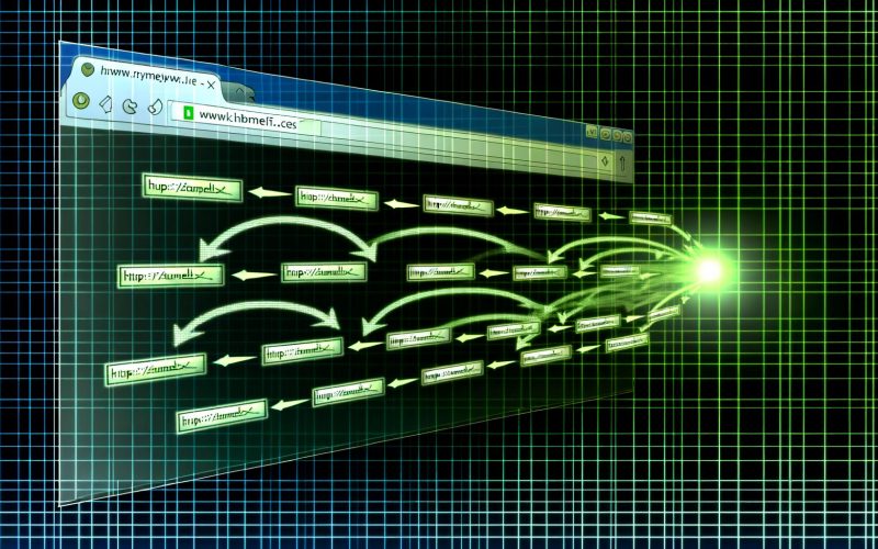 Stilisiertes Browserfenster mit einer langen Kette von URLs und digitalen Pfeilen, die Weiterleitungen bis zur grünen Ziel-URL auf einem technischen Raster zeigen.