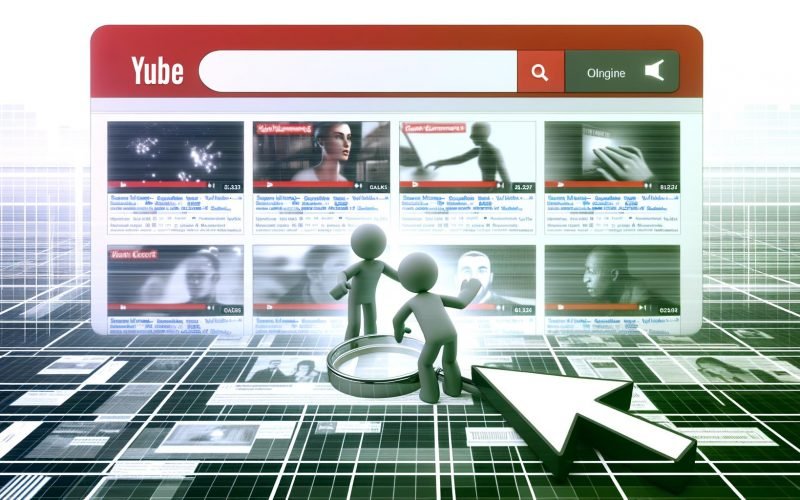 Illustration eines großen YouTube-Suchfeldes mit Nutzern, die auf Videothumbnails klicken, während Werbeanzeigen im Hintergrund ausgeblendet sind. Farbgebung in Rot, Weiß und Schwarz, moderner und tech-affiner Stil.