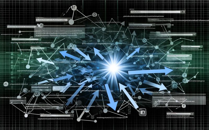 Komplexes digitales Netzwerk aus verschlungenen Redirects, mit verschiedenen URLs und Tracking-Codes, vereint in einer beleuchteten zentralen Zieladresse, vor dunklem digitalen Hintergrund mit teilweise verblassenden Analyse- und SEO-Symbolen.