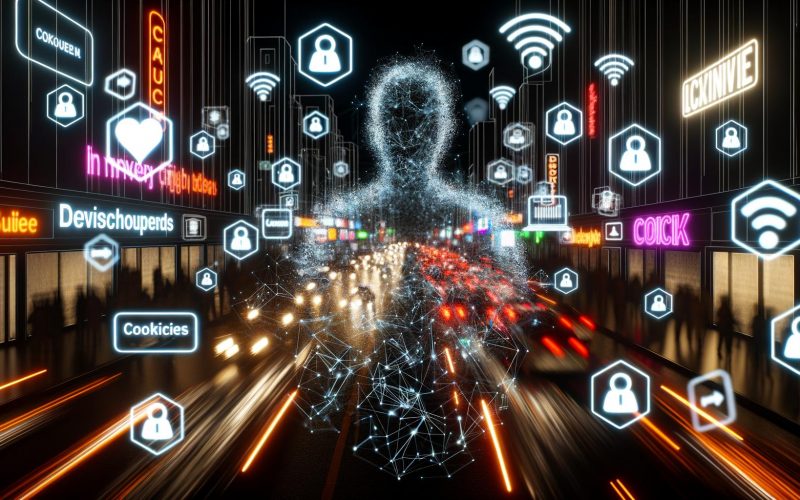 Digitales Stadtbild im Neonstil mit leuchtenden Datenströmen, menschlichen Silhouetten aus Datenfragmenten und schwebenden digitalen Identifikatoren vor digitalen Barrieren