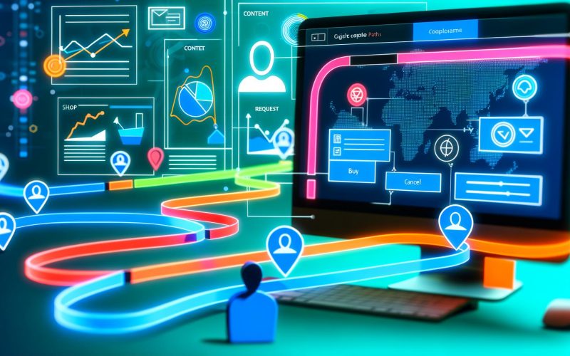 Dynamische, moderne Illustration einer Desktop-Website mit farbigen Nutzerpfaden, Heatmaps, Navigationselementen und Avataren vor blau-orangefarbenem Hintergrund.