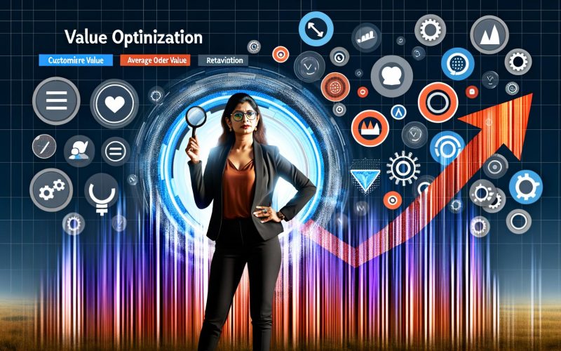 Person vor schwebenden Diagrammen und KPI-Dashboards zu Value Optimization mit aufsteigenden Grafiken, Customer Lifetime Value, Average Order Value und Symbolen für Datenanalyse, Automatisierung und Segmentierung.