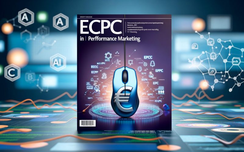Abstraktes digitales Titelbild mit stilisierter Computermaus, Euro-Zeichen-Kabel, Datenströmen, Diagrammen und Algorithmus-Symbolen für eCPC im Performance-Marketing