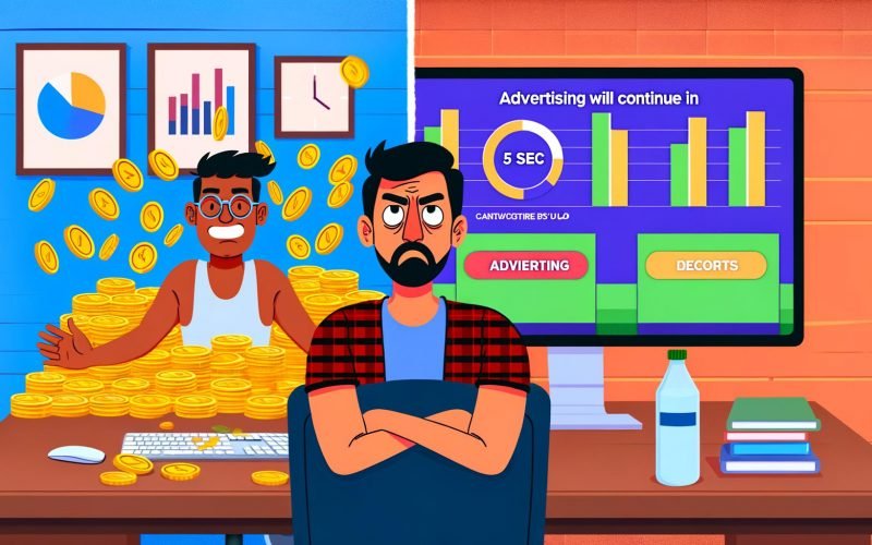 Geteilte Illustration mit jubelndem Content Creator an einem Computer, umgeben von Goldmünzen und Diagrammen, und frustriertem Zuschauer vor pausiertem Video mit Werbe-Countdown.