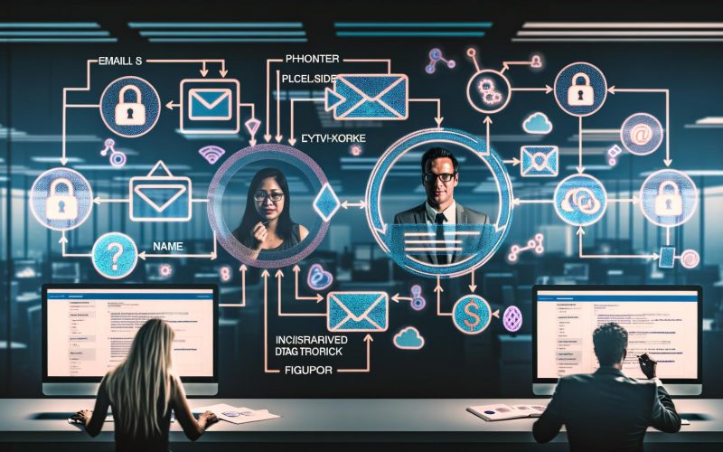 Zwei Marketer analysieren technische Schemata der Datenübertragung von gehashten Nutzerinformationen an Marketingplattformen wie Facebook, Google und TikTok in einer High-Tech-Arbeitsumgebung.