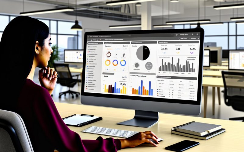Mitarbeiter betrachtet ein interaktives Analytics Dashboard mit KPI-Boxen, Diagrammen und Heatmaps an einem modernen Arbeitsplatz.