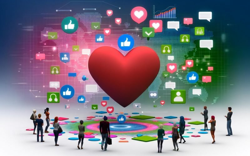 Großes Herz inmitten eines digitalen Netzwerks mit Menschen unterschiedlicher Herkunft, die Likes, Kommentare und Inhalte teilen. Im Hintergrund digitale Elemente wie Diagramme, Hashtags und Sprechblasen.