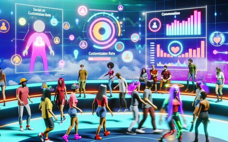 Bunte Szene mit verschiedenen digitalen Avataren, die in einer futuristischen Metaverse-Umgebung miteinander interagieren, Outfits anpassen und an virtuellen Events teilnehmen. Im Hintergrund sind moderne Social Features und Analyse-Dashboards sichtbar.