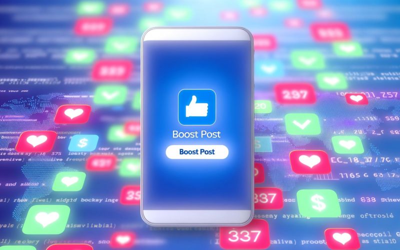 Smartphone mit Instagram- und Facebook-App, blauer 'Beitrag bewerben'-Button, schwebende Social Media-Symbole und Geldzeichen, verschwommene Benachrichtigungen im Hintergrund.