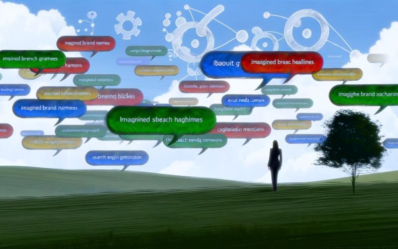Digitale Illustration mit Markennamen in Sprechblasen, Nachrichten, Social Media und Foren; einige Blasen hervorgehoben, im Hintergrund Symbole für Suchmaschinen, die Marken-Erwähnungen verbinden.