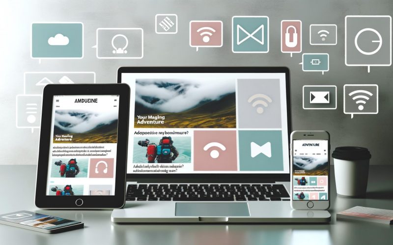 Szene mit Laptop, Smartphone und Tablet, die verschiedene Medieninhalte wie Video, Abenteuerartikel, Podcast und Social Media Posts mit Hashtags darstellen. Dezente Markenfarben und -symbole sorgen für inspirierende Stimmung.