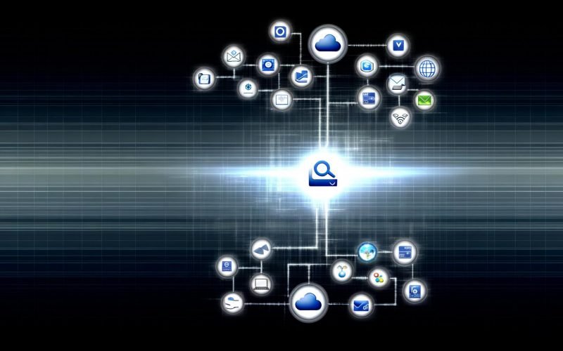 Abstraktes digitales Rückgrat mit verknüpften Icons von Instagram, Facebook, LinkedIn, TikTok, Google, Shopify, Amazon, Mailchimp, PayPal, SaaS-Clouds und einem zentralen Business-Account-Dashboard, im Hintergrund ein kleineres privates Konto.