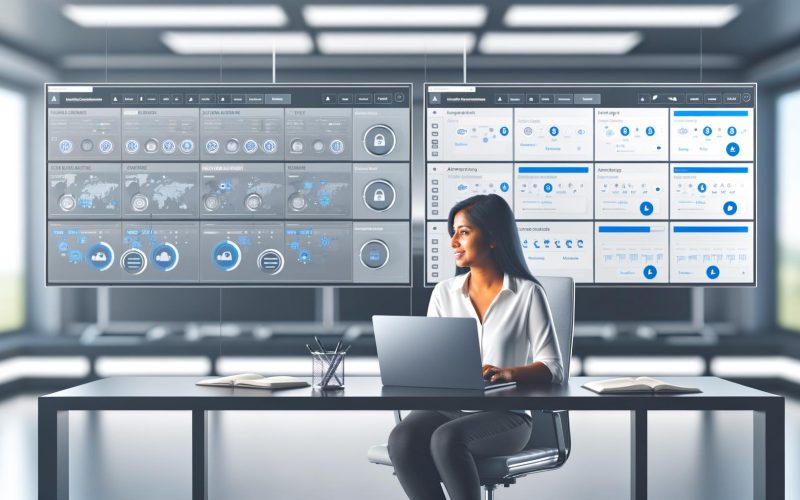 Business-Profi arbeitet im digitalen Kontrollzentrum mit Monitoren, die Marketing-Dashboards und Statistiken in Blau, Weiß und Grau anzeigen, umgeben von relevanten Icons.