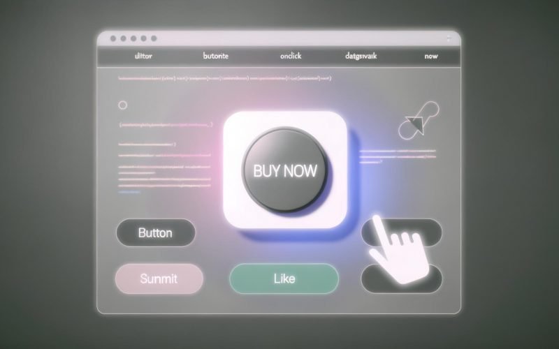 Minimalistische Website-Oberfläche im modernen Design mit prominentem „Jetzt kaufen“-Button, weiteren Interaktionsbuttons und anklickender Hand, sowie angedeuteten Codezeilen im Hintergrund.