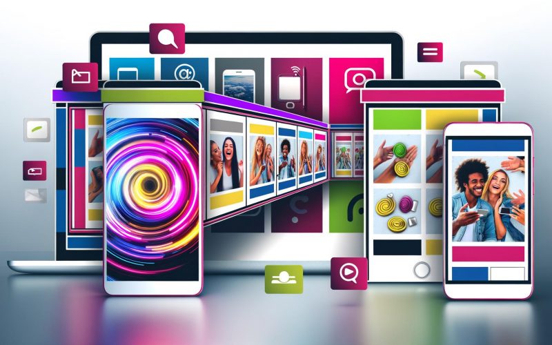 Horizontal scrollbare Carousel Ads auf Smartphone, Tablet und Laptop, inspiriert von sozialen Netzwerken wie Facebook, Instagram, LinkedIn und Pinterest, mit verschiedenen Inhalten und Nutzern, die interagieren.