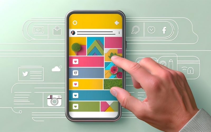 Moderne Illustration eines Smartphones mit bunter Instagram-Carousel-Post-Ansicht. Nutzerhand wischt nach rechts, Slides zeigen Fotos, Infografiken und Storytelling-Elemente. Im Hintergrund Social-Media-Logos.