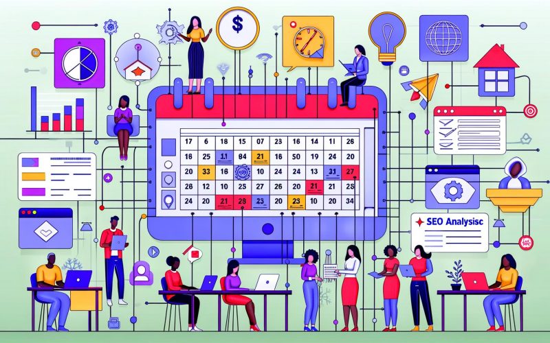 Abstrakte, moderne Grafik eines digitalen Content-Kalenders auf Bildschirm mit Icons für verschiedene Formate, kollaborierendem Redaktionsteam, saisonalen Hinweisen und SEO-Analysen im Flat-Design-Stil.