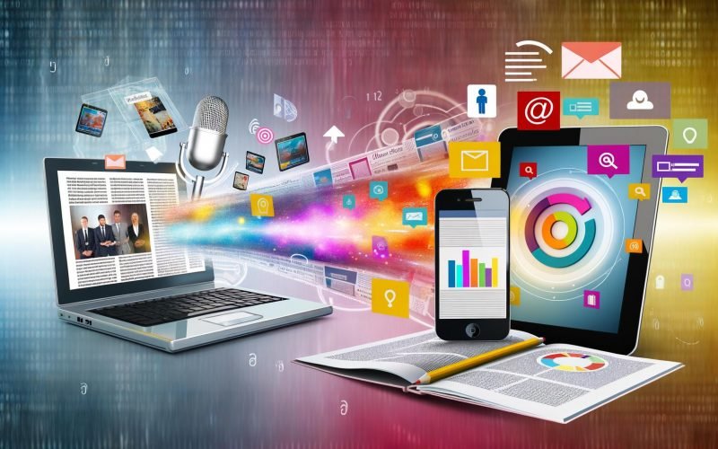 Collage mit Laptop, der einen Blogartikel zeigt, Smartphone mit Instagram-Karussell, Tablet mit Infografik, sowie schwebenden Symbolen für Podcast, Video, Whitepaper, Social Media, Webinar und Quiz auf buntem Hintergrund.