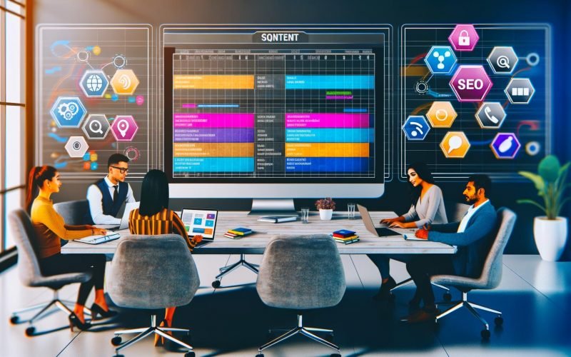 Modernes, diverses Team arbeitet an einem aufgeräumten Schreibtisch mit Laptop, Monitoren und Zetteln voller Diagramme und Kalender an einem digitalen Content-Plan in einer farbigen Excel-Tabelle. Im Hintergrund digitale Icons für SEO, Social Media und mehr.