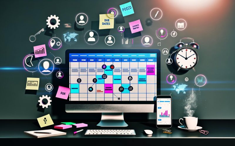 Moderner Arbeitsplatz mit Computerbildschirm und Redaktionskalender, Team-Avataren, Social-Media-Symbolen, Smartphone mit Analysediagrammen, Kopfhörern und Kaffeebecher.