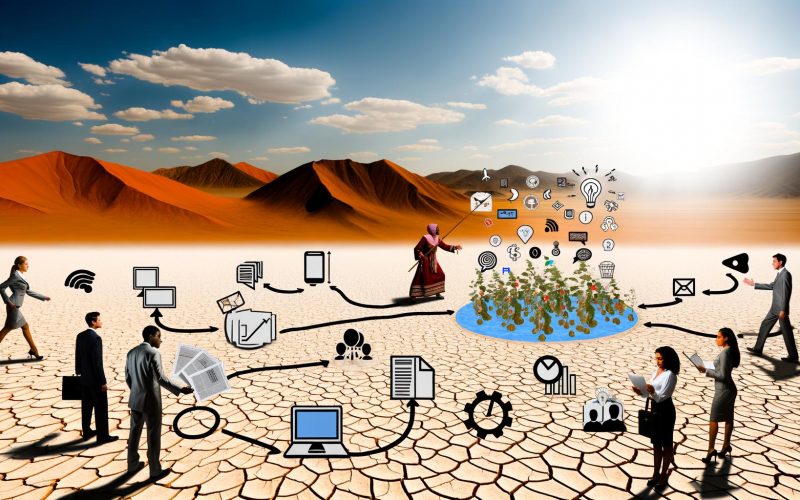 Geschäftsleute überqueren eine digitale Wüste mit kaputten Geräten und Content-Symbolen auf trockenem Boden, während sie einer Strategie zum leuchtenden Content-Oase folgen.