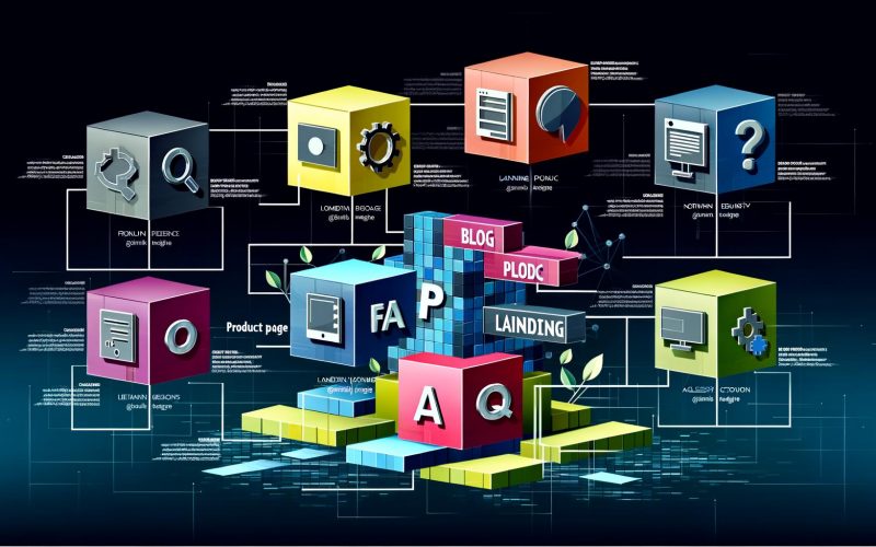 Moderne Illustration einer aufgeteilten Website mit farbcodierten Content-Typen, Feldern wie Titel und CTA-Button, verbunden durch abstrakte Datenlinien und technischen Icons für SEO und CMS.