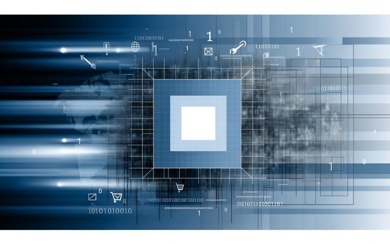 Stilisiertes Titelbild zur Welt des Online-Marketings mit durchsichtigem 1x1-Pixel, Datenströmen, Binärcode, Netzwerkverbindungen sowie unscharfen Webseiten-Elementen und Icons für Conversion-Ziele auf blau-cyanem Hintergrund.