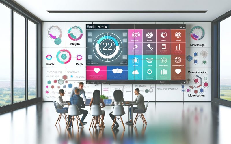 Social Media Manager arbeiten an einem modernen Schreibtisch mit Creator Studio auf dem Monitor, Whiteboard mit Social Media Begriffen, und Meta- sowie Instagram-Logos im Hintergrund.