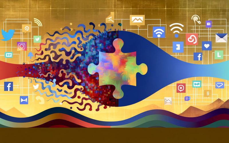 Dynamische Illustration zweier moderner, abstrakter Logos, deren Wellen sich vermischen und eine vielfältige Community bunter Zielgruppen vor Ikons digitaler Kanäle erscheinen lassen.