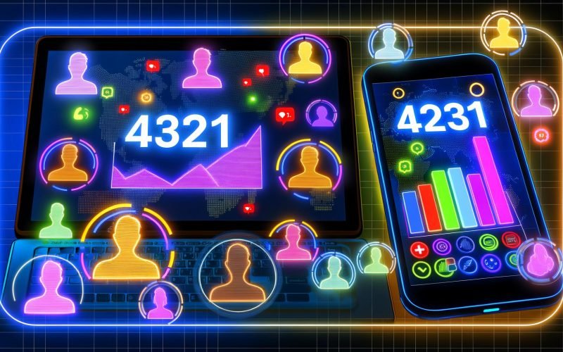 Dashboard-Oberfläche mit leuchtenden Zahlen und KPI-Diagrammen auf Laptop und Smartphone, umrahmt von diversen Nutzer-Avataren und digitalen Interaktionssymbolen im modernen Neonstil.