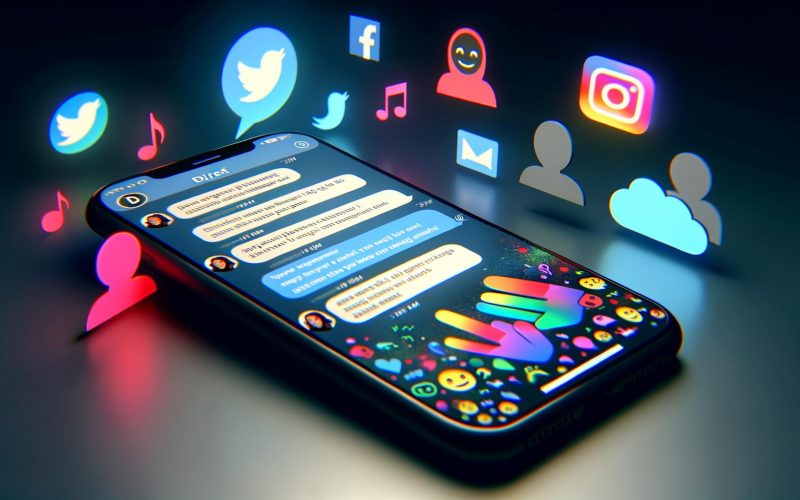 Stilisierte Darstellung eines Smartphone-Chats mit Textnachrichten, Emojis, Medienanhängen und Social-Media-Symbolen im Hintergrund.