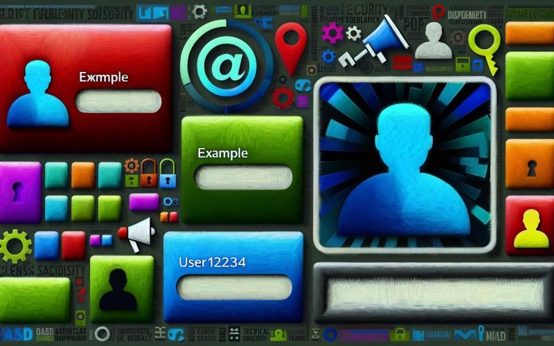 Collage im modernen Social-Media-Stil zeigt bunte Profilkacheln von Instagram, Discord, Twitter/X und Gmail, mit großen Display Names, kleineren technischen Usernames und Symbolen für Sicherheit und Identität im Hintergrund.