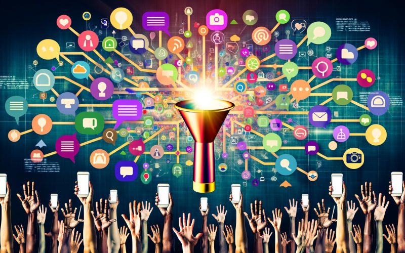 Digitale Collage mit Megaphon, das vielfältige Medieninhalte und Sprechblasen verströmt, umgeben von Händen und Smartphones, die Inhalte teilen und liken, vor einem pulsierenden Hintergrund mit Icons sozialer Netzwerke.