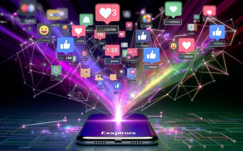 Futuristische Smartphone-Illustration mit offener Explore-Tab-Oberfläche, umgeben von bunten Content-Karten wie Fotos, Reels und Tweets, digitalen Netzwerksymbolen und Emojis.