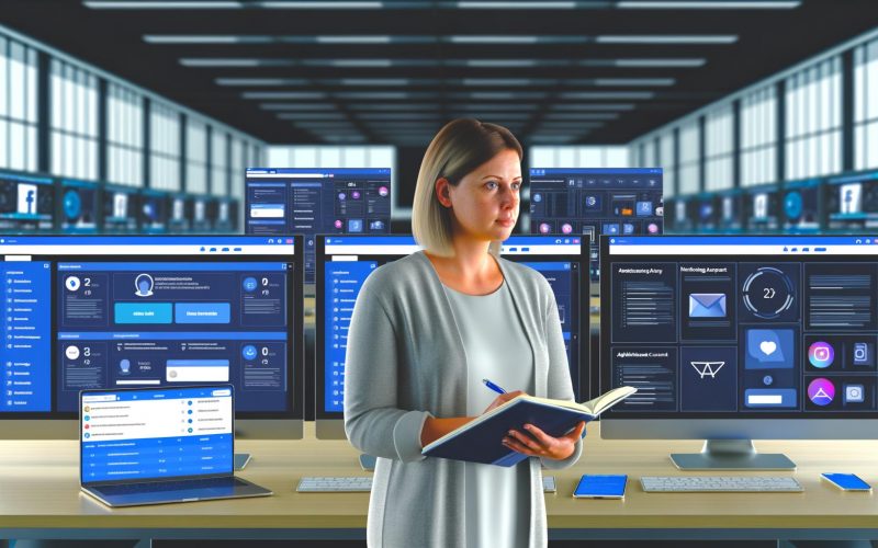 Marketing-Mitarbeiterin in modernem Büro verwaltet Facebook Business Suite an mehreren Monitoren mit Dashboards zur Beitragsplanung, Analytics und Nachrichten.