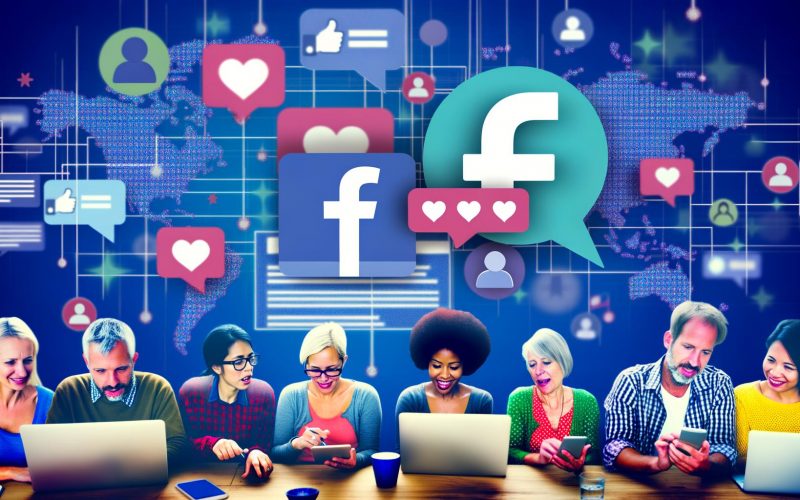 Menschen unterschiedlichen Alters diskutieren aktiv in einer Facebook-Gruppe an Laptops und Smartphones, umgeben von Icons wie dem Facebook-Gruppen-Logo, Gesprächsblasen, Likes und Badges.