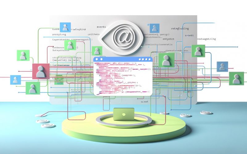 Minimalistische, helle Website mit Code-Snippet im Facebook-Look, vernetzt durch Tracking-Linien zu Avataren, Website-Elementen und Server-Icons; unterlegt mit Symbolen für Analyse, Retargeting, Consent und Datenschutz.