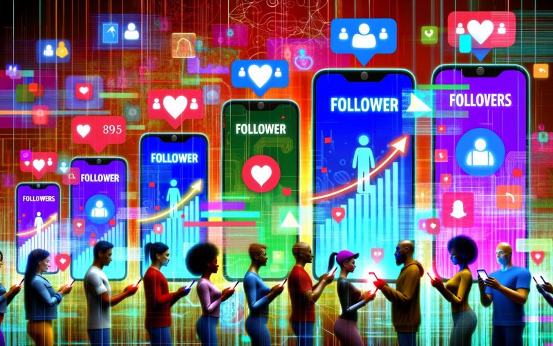 Moderne Collage von Smartphones mit Social-Media-Apps, aktiven Follower-Icons, aufsteigenden Diagrammen und vielfältigen Nutzern, die echtes Community-Engagement symbolisieren. Im Hintergrund algorithmische Muster und visuelle Daten, mit Fokus auf organisches Wachstum und ausgeblendeten Fake-Followern.